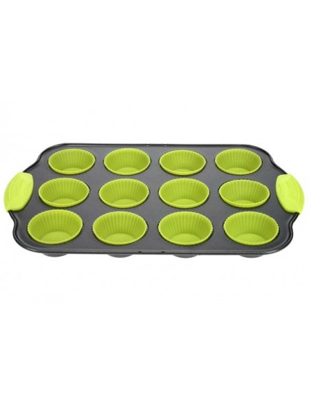Bakvorm 12 muffins rh metaal + silicone groen
